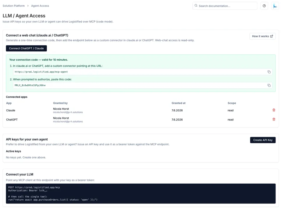 The LLM / API Access page in Assemblified showing the Connect ChatGPT / Claude button, the connector URL ending in /mcp-agent, and a one-time connection code valid for 10 minutes