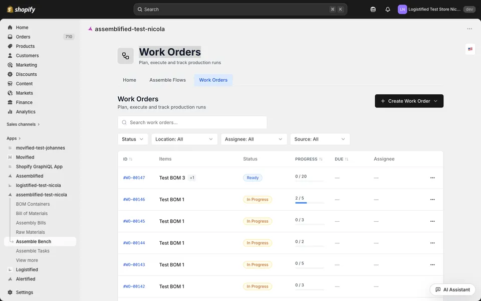 The Work Orders list page in the assemble bench, showing several work orders with status badges and progress bars.