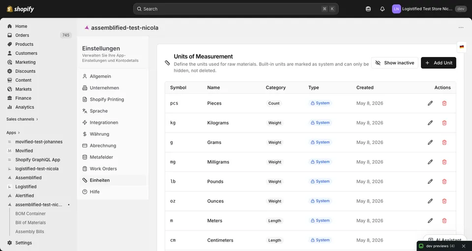 The Units settings tab showing the 15 system-seeded units in a table with category and System badges