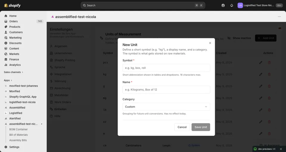 The Add Unit dialog with Symbol, Name, and Category fields