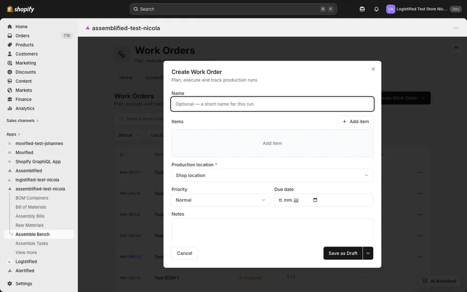 The Create Work Order dialog with name, items, production location, priority, due date, and notes fields.