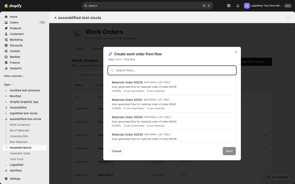 The Create work order from flow dialog — step 1 of 4, showing a list of available flows with material details.