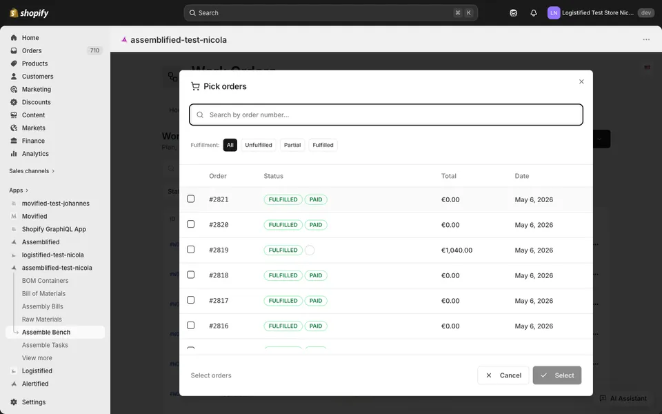 The Pick orders dialog showing a searchable list of Shopify orders, filterable by fulfillment status.