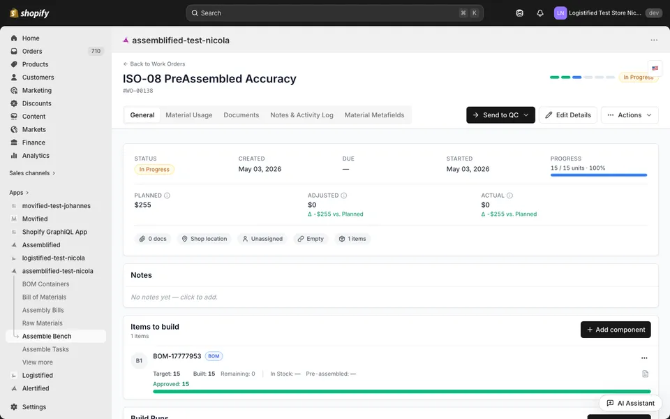 The work order detail page on the General tab, showing status, cost summary, items to build, and build runs.