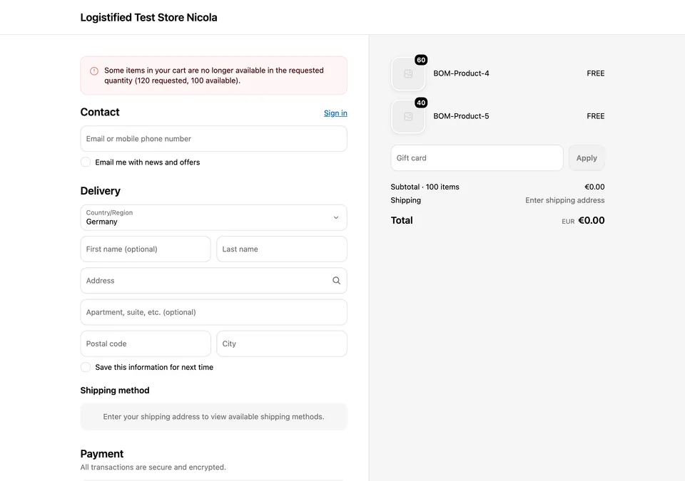 A Shopify checkout showing the message: Some items in your cart are no longer available in the requested quantity (120 requested, 100 available)