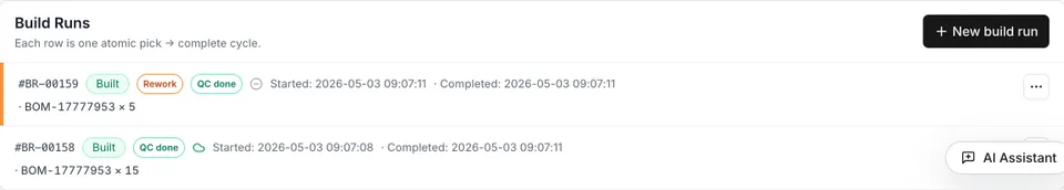 The Build Runs card showing two build runs with status badges, start and completion timestamps, and item quantities.