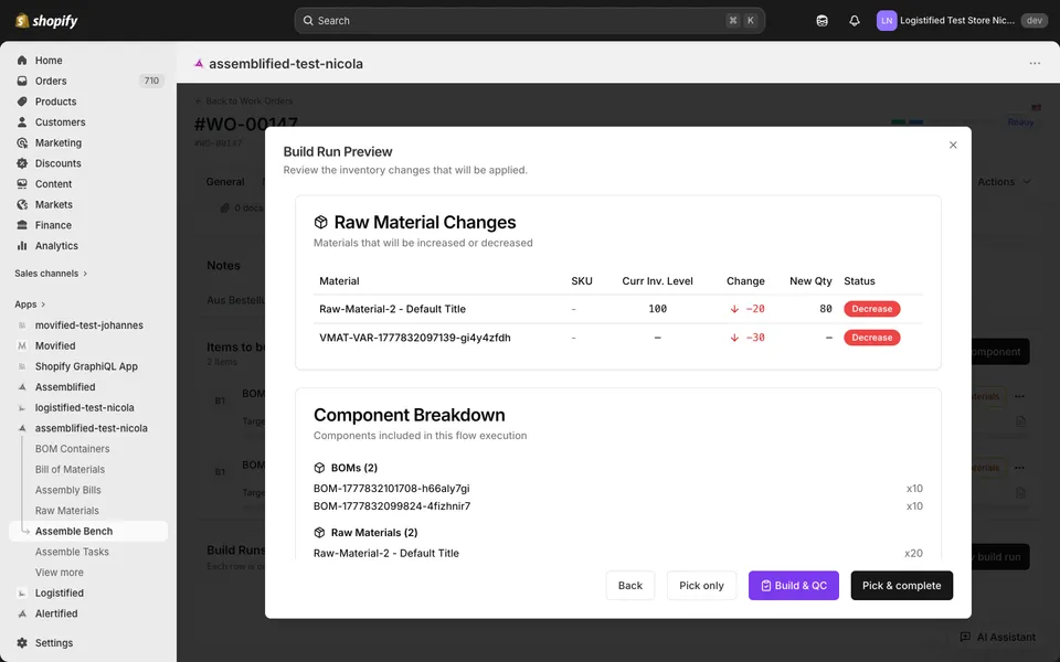 The Build Run Preview dialog showing raw material changes, component breakdown, and three mode buttons: Pick only, Build & QC, Pick & complete.