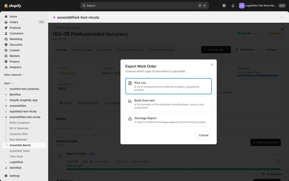 The Export Work Order dialog showing the three export type options: Pick List, Build Overview, and Shortage Report.