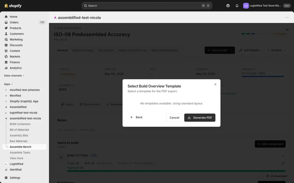 The Select Build Overview Template dialog with a Generate PDF button. No templates configured, so the standard layout is used.